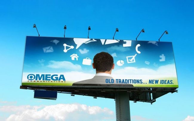 Billboard for Omega Communications designed by David Trotter @bluedotagency